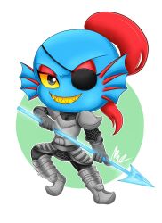  1girl 2017 2d anthro armor armored_boots black_eyepatch blue_skin boots border breastplate chibi chibi_only colored_sclera colored_skin colored_teeth digital_media ear_fins energy_weapon eyepatch female female_only fighting_stance fins fish fish_girl full_body gauntlets green_background grey_eyes head_fins high_ponytail highres holding holding_polearm holding_spear holding_weapon long_hair monster monster_girl muigee outline outside_border pauldrons polearm ponytail red_hair round_border sharp_teeth signature slit_pupils solo spear standing teeth two-tone_background undertale undyne utdr_(toby_fox) weapon white_background white_border white_outline yellow_sclera yellow_teeth 