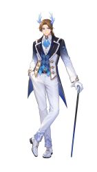  1boy absurdres argyle_clothes argyle_vest artist_request ascot belt black_belt black_coat blue_ascot blue_coat blue_eyes blue_gem blue_horns blue_vest brown_hair buttons cane christmas coat collared_shirt commentary_request dress_shirt dress_shoes english_commentary full_body fur-trimmed_coat fur_trim gem gloves gold_trim gradient_coat grey_coat hand_in_pocket highres holding holding_cane horns ice king's_raid korean_commentary lapels loman_(king's_raid) long_hair long_sleeves mixed-language_commentary multicolored_coat official_alternate_costume official_art pants ponytail print_coat second-party_source see-through_horns shirt shoes simple_background smile snowflake_print solo standing suit suit_pants tailcoat vest white_background white_coat white_gloves white_pants white_shirt white_shoes white_suit 