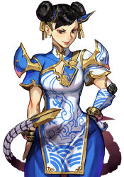  1girl apex_legends blue_pants chinese_clothes chun-li hair_bun hand_on_own_hip hankuri looking_at_viewer machine pants puffy_short_sleeves puffy_sleeves short_sleeves simple_background smile solo street_fighter street_fighter_6 white_background 