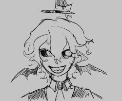  1boy alcor_the_dreambender collared_shirt colored_sclera fezharez floating_hat greyscale hair_between_eyes hat head_wings male_focus messy_hair mini_hat mini_top_hat monochrome portrait shirt solo top_hat transcendence_au_(gravity_falls) wings 