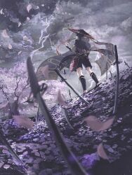  1boy absurdres armor black_hair black_kimono black_shorts black_sleeves blunt_ends blurry broken broken_sword broken_weapon canop_s cherry_blossoms commentary_request depth_of_field facing_away facing_up falling_petals field_of_blades from_behind full_body furisode genshin_impact gold gold_trim grey_veil hand_up hat highres japanese_armor japanese_clothes jingasa kimono kote kurokote male_focus outdoors overcast petals pink_petals planted planted_sword purple_lightning purple_petals red_hat scaramouche_(genshin_impact) scaramouche_(harbinger)_(genshin_impact) see-through_clothes see-through_veil short_sleeves shorts sky solo standing stirrup_legwear sword tassel toeless_legwear tree veil weapon wolf_cut 