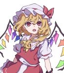  1girl absurdres ascot blonde_hair bow buttons crystal fang fangs flandre_scarlet frilled_shirt_collar frilled_sleeves frills hat hat_ribbon highres kame_(kamepan44231) looking_up mob_cap one_side_up open_mouth puffy_short_sleeves puffy_sleeves red_bow red_eyes red_ribbon red_skirt red_vest ribbon shirt short_hair short_sleeves side_ponytail skirt solo touhou vest white_background white_headwear white_shirt wings 