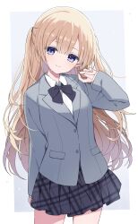  1girl absurdres black_bow black_skirt blonde_hair blue_eyes bow breasts buttons closed_mouth collared_shirt commission cowboy_shot grey_background grey_jacket hair_tie highres jacket long_hair long_sleeves medium_breasts mochigome_(ununquadium) original plaid_clothes plaid_skirt school_uniform second-party_source shirt simple_background skirt sleeves_past_wrists smile two_side_up white_shirt 