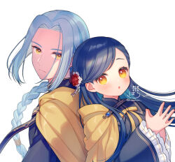  1boy 1girl :o aged_down artist_name back-to-back black_dress black_tunic blue_hair braid braided_ponytail cape closed_mouth commentary dress ferdinand_(honzuki_no_gekokujou) frilled_sleeves frills frown hair_over_shoulder honzuki_no_gekokujou long_hair long_sleeves looking_at_viewer myne_(honzuki_no_gekokujou) neck_ribbon open_mouth parted_bangs ribbon rinndouk signature simple_background swept_bangs tunic twitter_username white_background wide_sleeves yellow_cape yellow_eyes yellow_ribbon 