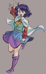  1girl :d ahoge arm_up boots bow breasts cape commentary dress english_commentary flour_4 footwear_bow full_body grey_background hairband highres leg_up long_sleeves medium_breasts multicolored_dress no_pupils open_mouth patchwork_clothes pink_boots pink_bow pink_hairband pointing pointing_down pointing_up purple_hair short_hair simple_background smile solo sparkle standing standing_on_one_leg teeth tenkyuu_chimata tenkyuu_chimata_pose touhou upper_teeth_only v-shaped_eyebrows violet_eyes white_cape 