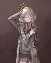  1girl absurdres arm_up black_skirt cecilia_immergreen coat collared_shirt colored_inner_hair double-parted_bangs green_eyes green_hair green_hairband grey_background grey_cardigan_vest grey_coat hair_between_eyes hairband hand_in_pocket hand_on_own_head highres hololive hololive_english looking_at_viewer multicolored_hair necktie open_clothes open_coat pleated_skirt red_necktie shirt short_hair skirt smile solo tablicoart trench_coat virtual_youtuber white_hair white_shirt winding_key 