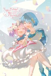 2girls :d ^_^ bare_shoulders blue_hair blue_sleeves bubble_skirt character_name closed_eyes commentary_request dated detached_sleeves dress feet_out_of_frame flower fortissimo frilled_skirt frills gloves hair_between_eyes hair_flower hair_ornament hairclip happy_birthday highres hug kaname_madoka kaname_madoka_(magical_girl) long_sleeves magical_girl mahou_shoujo_madoka_magica mahou_shoujo_madoka_magica_(anime) mahou_shoujo_madoka_magica_movie_1_&amp;_2 miki_sayaka miki_sayaka_(magical_girl) multiple_girls musical_note musical_note_hair_ornament mzk0526 open_mouth pink_dress pink_hair short_dress short_hair short_sleeves short_twintails skirt smile twintails v-shaped_eyebrows white_gloves white_skirt