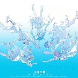  2boys 3girls animal_ear_fluff animal_ears aqua_hair aqua_ribbon aqua_streaks blonde_hair blue_background boots cat_ears cat_girl closed_eyes commentary_request copyright_notice dress floating_hair frilled_dress frilled_shorts frills full_body green_hair hands_up hatsune_miku highres kamishiro_rui kusanagi_nene lace-up_boots long_hair long_sidelocks long_sleeves low-tied_sidelocks multicolored_hair multiple_boys multiple_girls neck_ribbon official_art ootori_emu open_mouth outstretched_arms pants parted_lips petticoat pink_hair project_sekai purple_hair rella ribbon shirt shoes short_hair shorts shorts_under_dress sidelocks simple_background sleeveless sleeveless_dress streaked_hair tenma_tsukasa tensei_ringo_(vocaloid) translation_request twintails upside-down violet_eyes vocaloid white_background white_boots white_dress white_pants white_shirt white_shoes white_shorts wonderlands_x_showtime_(project_sekai) wonderlands_x_showtime_miku yellow_eyes 