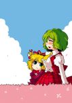  ascot blonde_hair blue_eyes blush blush_stickers closed_eyes cloud frown green_hair hair_ribbon happy kazami_yuuka medicine_melancholy midoko multiple_girls open_mouth petals plaid plaid_skirt plaid_vest profile puffy_sleeves ribbon sideways_mouth skirt skirt_set smile su-san touhou 