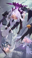  1boy 3girls absurdres black_gloves black_halo black_horns black_skirt blonde_hair blue_archive blue_halo boots bun_cover capelet cityscape coat coat_on_shoulders commentary_request demon_girl demon_horns demon_wings doodle_sensei_(blue_archive) dress exoskeleton externally_piloted_mecha feathered_wings flying gloves gradient_halo gun hair_bun halo head-mounted_display highres hina_(blue_archive) holding holding_gun holding_weapon horns jetpack lanchester_smg leotard long_hair long_sleeves low_wings maid_headdress mecha mecha_pilot_suit mika_(blue_archive) miniskirt multicolored_halo multicolored_leotard multiple_girls multiple_horns onbawa pink_halo pleated_skirt purple_halo purple_wings ringed_eyes robot sensei_(blue_archive) skirt submachine_gun toki_(abi-eshuh)_(blue_archive) toki_(blue_archive) turtleneck turtleneck_leotard two-tone_leotard very_long_hair violet_eyes weapon white_capelet white_dress white_hair white_wings wings 