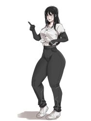  1girl absurdres black_gloves black_hair black_pants breasts buttons chainsaw_man elbow_gloves finger_gun gloves hair_over_shoulder highres large_breasts long_hair long_sidelocks lower_teeth_only naxt03ce pants red_eyes scar scar_on_cheek scar_on_face scar_on_nose shirt_tucked_in shirt_under_shirt shoes sidelocks simple_background swept_bangs teeth thick_thighs thighs torn_clothes white_shoes wide_hips yoru_(chainsaw_man) 