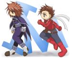  boots brown_eyes brown_hair chibi father_and_son fingerless_gloves gloves kratos_aurion lloyd_irving male redhead short_hair tales_of_symphonia 