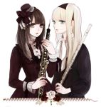  bangs blonde_hair blunt_bangs brown_hair flower flute green_eyes grey_eyes hair_ornament hairband hands hat instrument key long_hair long_sleeves mini_top_hat multiple_girls oboe ribbon rose shikishima_(eiri) shikishima_(pixiv) top_hat white_rose 