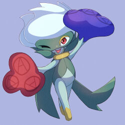  1girl 4_(user_faum2238) arm_up blue_flower blue_rose commentary eye_mask flower full_body mask masquerade_mask monster_girl no_humans one_eye_closed open_mouth plant_girl pokemon pokemon_(creature) pokemon_focus red_eyes red_flower red_rose rose roserade smile solo white_hair 