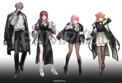 1boy 3girls 501_(ueauwa) :d ahoge akabane_youko black_background black_bow black_coat black_gloves black_nails black_pantyhose black_shoes black_shorts black_thighhighs blonde_streaks boots bow bracelet breasts brown_hair closed_mouth coat coat_on_shoulders collared_shirt commentary company_name copyright_notice double_bun full_body glasses gloves gradient_background green_eyes grey_eyes grin hair_bun hair_ornament hair_scrunchie hand_in_pocket hand_up high_heels holding_own_hair honma_himawari jewelry kanae_(nijisanji) knee_boots long_hair long_sleeves looking_at_viewer medium_hair multicolored_hair multiple_girls nail_polish nijisanji official_alternate_costume official_art one_side_up open_clothes open_coat open_hands open_mouth orange_hair pantyhose pink_eyes pink_hair pleated_skirt red_hair round1 sample_watermark sasaki_saku scrunchie shirt shirt_tucked_in shoes short_shorts shorts skirt smile standing streaked_hair thigh-highs thigh_strap underbust virtual_youtuber watermark white_background white_shirt white_shoes white_skirt wide_sleeves 