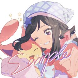  1girl :d apron bandana bandana_around_neck cat fua1heyvot4ifsr gloves grin headscarf highres looking_at_another one_eye_closed oven_mitts pink_bandana pink_fur pink_shirt pokemon pokemon_(creature) purple_gloves sample_watermark shirt simple_background skitty smile upper_body violet_eyes watermark white_apron white_background yellow_fur 
