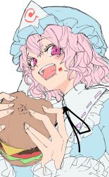  1girl absurdres blue_hat commentary_request food food_on_face frilled_kimono frills hat highres holding holding_food japanese_clothes kimono looking_at_viewer mob_cap nuru_himmel open_mouth pink_eyes pink_hair saigyouji_yuyuko short_hair simple_background solo touhou triangular_headpiece upper_body white_background 