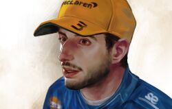  1boy aquiline_nose beard blue_shirt brown_eyes brown_hair commentary_request daniel_ricciardo facial_hair formula_one hat highres male_focus mclaren nose real_life sgkg108 shirt short_hair short_sideburns sideburns simple_background solo upper_body very_short_hair white_background white_shirt yellow_hat 