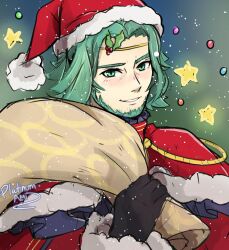  1boy artist_name beard black_gloves blush english_commentary facial_hair fire_emblem fire_emblem:_three_houses fur-trimmed_headwear fur_trim gloves hat holding holding_sack looking_at_viewer male_focus platinum_ami sack santa_hat seteth_(fire_emblem) smile star_(symbol) upper_body 