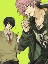  2boys :d ? black_eyes black_hair black_shirt blush candy coat commentary confused ear_piercing earrings food fur-trimmed_coat fur_trim green_background green_coat green_eyes heterochromia highres holding holding_candy holding_food holding_lollipop jewelry lollipop looking_at_viewer male_focus mole mole_under_eye morichika_haruki multicolored_hair multiple_boys nbmozhuangyuan necklace necktie piercing pink_hair print_shirt red_necktie ring ring_necklace school_uniform sekai_metsubou_kyouyuu_gensou_mamiya shirt short_hair smile smoking sweatdrop sweater toujou_minato two-tone_hair untranslatable_commentary v-neck violet_eyes watch watch white_shirt 