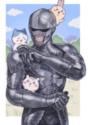  4others ambiguous_gender armor blush_stickers chibikemo chiikawa chiikawa_(character) commentary creature full_armor furry gauntlets gums hachiware_(chiikawa) helm helmet highres holding multiple_others nameno92372763 plate_armor smile teeth usagi_(chiikawa) yoroi-san_(chiikawa) 