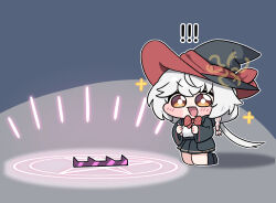  ! !! 1girl :d beleullin black_hat black_jacket black_shoes black_skirt blue_archive blush_stickers bow bowtie braid chibi chibi_only commentary_request diagonal-striped_bow diagonal-striped_bowtie diagonal-striped_clothes eri_(blue_archive) grey_background grey_hair halo hat hat_ribbon highres hina_(blue_archive) jacket korean_commentary magic_circle open_mouth pleated_skirt ponytail purple_halo ribbon shirt shoes side_braid skirt smile sparkle striped_bow striped_bowtie striped_clothes summoning white_shirt witch_hat yellow_eyes 