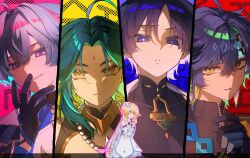  1girl 4boys ahoge bead_necklace beads bishounen black_bodysuit black_gloves black_jacket blunt_ends bodysuit bright_pupils colored_inner_hair column_lineup commentary_request covered_collarbone curtained_hair diamond-shaped_pupils diamond_(shape) diamond_facial_mark ear_piercing eyeliner facial_mark forehead_mark genshin_impact gloves gold green_eyes green_hair green_headband grey_hair hair_between_eyes hair_intakes hand_up headband highres jacket jewelry kinich_(genshin_impact) kykuma4 lineup lohen_(genshin_impact) looking_at_viewer lumine_(genshin_impact) makeup mandarin_collar mole mole_under_eye multicolored_hair multiple_boys neck_ring necklace open_hand parted_lips piercing pink_pupils red_eyeliner ring scaramouche_(genshin_impact) shoulder_peek sidelocks slit_pupils spiked_ear_piercing symbol-shaped_pupils twitter_username violet_eyes wanderer_(genshin_impact) white_mouth white_pupils wispy_bangs xiao_(genshin_impact) yellow_eyes 