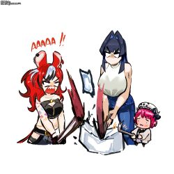  3girls absurdres animal_ears blaparky blue_eyes blue_hair breasts commentary crowbar english_commentary hair_intakes hakos_baelz heterochromia highres hololive hololive_english horns irys_(hololive) large_breasts long_hair mouse_ears mouse_girl multicolored_hair multiple_girls ouro_kronii pointy_ears purple_hair red_hair streaked_hair tail violet_eyes virtual_youtuber 