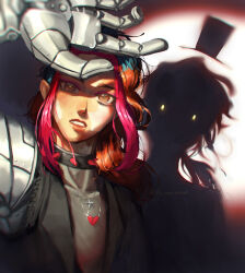  1boy 1girl alcor_the_dreambender alcorian-wizard arm_up blue_hair character_request chromatic_aberration commentary different_shadow english_commentary glowing glowing_eyes hat highres horizontal_spotlight jewelry long_sidelocks looking_at_viewer multicolored_hair necklace orange_hair parted_lips pink_hair ponytail prosthesis prosthetic_arm sidelocks top_hat transcendence_au_(gravity_falls) upper_body 