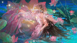  1girl black_hair bug butterfly chinese_clothes chinese_commentary closed_eyes commentary_request dress floating flower hair_ornament hanfu highres keru233 long_hair lotus lying original pink_dress solo sparkle water water_lily wide_sleeves 