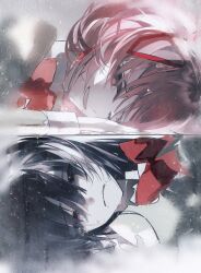 2girls absurdres akemi_homura bags_under_eyes black_hair bow bowtie chinese_commentary clenched_teeth collared_shirt commentary_request crying crying_with_eyes_open grin hair_between_eyes hair_ribbon hair_spread_out half-closed_eyes hand_on_ground high_collar highres juliet_sleeves kaname_madoka lace-trimmed_sleeves lace_trim layered_shirt long_sleeves looking_at_viewer lying mahou_shoujo_madoka_magica mahou_shoujo_madoka_magica_(anime) mitakihara_school_uniform multiple_girls mumu5947 on_ground on_side one_eye_closed parted_lips pink_eyes pink_hair puffy_sleeves purple_eyes rain raised_inner_eyebrows red_bow red_bowtie red_ribbon ribbon sad sad_smile school_uniform shirt short_hair short_twintails sleeve_cuffs smile tears teeth twintails wet yellow_shirt