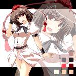  black_hair blouse blush bowtie bracelet brown_eyes brown_hair hat ibuki_pon jewelry no_pants panties pink_panties red_eyes ribbon shameimaru_aya short_hair solo standing striped striped_panties tokin_hat touhou underwear zoom_layer 