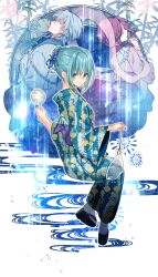  1boy 2girls absurdres angelica_(honzuki_no_gekokujou) bag bamboo blue_eyes blue_hair blue_kimono candy closed_eyes commentary_request ewigeliebe_(honzuki_no_gekokujou) fish floral_print food geduldh_(honzuki_no_gekokujou) goldfish hair_bun hair_up highres holding holding_bag holding_candy holding_food holding_lollipop honzuki_no_gekokujou husband_and_wife invisible_chair japanese_clothes keiko_(x_h2o) kimono light_frown lollipop long_sleeves multiple_girls own_hands_together parted_lips print_kimono purple_hair sandals short_hair sitting tabi wide_sleeves yukata 