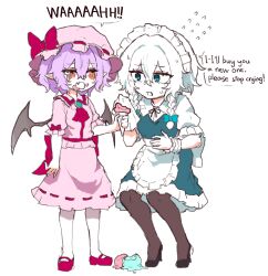  2girls absurdres apron ascot back_bow bat_wings black_ribbon black_shoes blue_dress blue_eyes blush bow braid brooch brown_pantyhose closed_eyes collared_shirt crying dress english_text fang flying_sweatdrops food food_on_face frilled_wrist_cuffs frills full_body green_bow grey_hair hair_between_eyes hair_bow handkerchief hat hat_bow high_heels highres holding holding_handkerchief holding_ice_cream_cone ice_cream ice_cream_cone izayoi_sakuya jewelry long_hair maid maid_headdress mary_janes mob_cap multiple_girls neck_ribbon open_mouth pantyhose pinafore_dress pink_hat pink_shirt pink_skirt pointy_ears puffy_short_sleeves puffy_sleeves purple_hair rampa93 red_ascot red_bow remilia_scarlet ribbon ribbon-trimmed_skirt ribbon_trim shirt shoes short_sleeves skin_fang skirt skirt_set sleeveless sleeveless_dress speech_bubble sweat touhou twin_braids waist_apron white_apron white_pantyhose white_shirt wings wrist_cuffs 