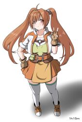  1girl ahoge belt belt_buckle belt_pouch blue_trim brown_belt brown_eyes brown_gloves brown_hair brown_shoes buckle commentary_request cropped_jacket dated_commentary eiyuu_densetsu estelle_bright fingerless_gloves floating_hair full_body gem gloves hair_between_eyes hairband hand_on_own_hip hand_up high_collar highres jacket jewelry leather leather_belt leather_gloves long_hair looking_at_viewer luna_satanel metal_hairband miniskirt open_clothes open_jacket orange_skirt pendant plump pouch red_gem shoes short-sleeved_jacket short_sleeves simple_background skirt smile sneakers solo sora_no_kiseki sora_no_kiseki_fc standing thigh-highs twintails v very_long_hair white_background white_thighhighs 