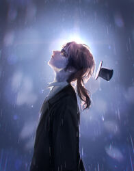 1boy alcor_the_dreambender alcorian-wizard backlighting black_jacket brown_hair collared_shirt commentary cowboy_shot english_commentary expressionless floating_hat from_side hat highres jacket lens_flare male_focus mini_hat mini_top_hat ponytail shirt solo suit_jacket top_hat transcendence_au_(gravity_falls) white_shirt yellow_eyes 