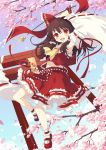  ankle_cuffs armpits bell bow brown_hair cherry_blossoms detached_sleeves gohei hair_bow hakurei_reimu jingle_bell jumping long_hair mary_janes midriff navel nyanya ofuda open_mouth petals red_eyes shoes smile solo torii touhou 
