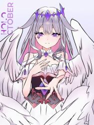  1girl absurdres angel_wings blush breasts chest_jewel colored_inner_hair dress gem grey_hair highres holoctober hololive hololive_english jewel_under_eye koseki_bijou long_hair looking_at_viewer multicolored_hair multiple_girls open_mouth pink_hair purple_gem purple_hair shirt simple_background smile solo ulvthingy very_long_hair violet_eyes virtual_youtuber white_background wings 