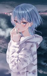  1girl :p absurdres alternate_costume alternate_hair_length_(shorter) blue_eyes blue_hair blurry blurry_background blush commentary_request earrings hair_between_eyes hand_to_own_mouth highres hololive hoshimachi_suisei hoshimachi_suisei_(holonatsu_paradise) jacket jewelry long_sleeves looking_at_viewer mountainous_horizon official_alternate_hairstyle open_mouth padded_jacket short_hair smile solo star_(symbol) star_earrings tongue tongue_out twitter_username virtual_youtuber white_jacket zakimpo 