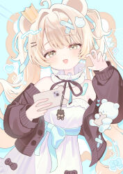  1girl absurdres ahoge animal_ears bandaid bandaid_hair_ornament bare_shoulders blonde_hair brown_cardigan cardigan cellphone claw_pose collar commentary_request cowboy_shot detached_collar dress hair_intakes hair_ornament ham3c highres holding holding_phone long_hair looking_at_viewer milfy_(vrchat) mouse_ears open_cardigan open_clothes open_mouth phone sidelocks smartphone smile solo twintails vrchat white_collar white_dress yellow_eyes 