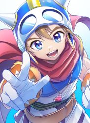 1boy ayasetaru belt blue_eyes blue_helmet brown_belt brown_hair cape chest_guard clenched_hand commentary_request daikaijuu_monogatari_ii fake_horns fire_shell_hero_(daikaijuu_monogatari_ii) gloves goggles goggles_on_headwear helmet highres horned_helmet horns jewelry kaijuu_monogatari_(series) looking_at_viewer male_focus necklace open_mouth outstretched_arm red_cape seashell shell shell_necklace short_hair smile solo standing tunic upper_body w white_gloves white_tunic 