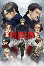 5boys 5girls absurdres ada_wong albert_wesker bandaged_hand bandaged_torso bandages black_gloves bob_cut bryan_hodukavich che_sue00 chest_holster chris_redfield cigarette claire_redfield commentary covering_own_eyes english_commentary ethan_winters gloves grace_ashcroft gun hair_slicked_back handgun highres holding holding_cigarette holding_gun holding_weapon in-franchise_crossover jill_valentine leon_s._kennedy multiple_boys multiple_girls ponytail portrait rebecca_chambers resident_evil resident_evil_1 resident_evil_2 resident_evil_3:_nemesis resident_evil_4 resident_evil_7:_biohazard resident_evil_requiem resident_evil_village serious smoke smoke_trail smoking sunglasses turtleneck umbrella_corporation_logo weapon 