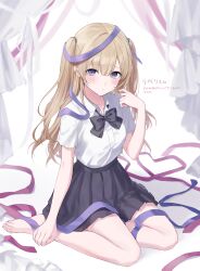  1girl absurdres bare_legs barefoot black_bow black_skirt blonde_hair blue_eyes bow breasts closed_mouth collared_shirt commission curtains hair_intakes hair_tie highres light_blush long_hair medium_breasts original pink_ribbon purple_ribbon ribbon second-party_source shirt short_sleeves sitting skeb_commission skirt solo two_side_up white_shirt yasaiseicat 