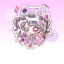  1girl :3 animal_ear_headwear animal_ears asymmetrical_sleeves bandaged_leg bandages bare_shoulders beanie ben-day_dots black_choker black_hair blue_collar blue_dress blunt_bangs brown_eyes buttons cat_ears chibi chinese_commentary choker closed_mouth collar collared_dress commentary_request cunxu93027 detached_collar dress esseling_(infinity_nikki) eyelashes eyepatch fake_animal_ears gradient_background hair_ornament hairclip happy hard_sack_(infinity_nikki) hat heart heart_in_eye infinity_nikki intravenous_drip light_blush long_sleeves medical_eyepatch medium_hair mismatched_sleeves multicolored_hair nikki_(series) notice_lines off-shoulder_dress off_shoulder outline pill_hair_ornament plaid_hat purple_background purple_hat quirky_idea_(infinity_nikki) screentones shoes sleeve_cuffs sleeves_past_wrists slippers smile solo streaked_hair striped_clothes striped_dress symbol_in_eye syringe syringe_hair_ornament tareme tenshi_kaiwai twintails two-tone_background vertical-striped_clothes vertical-striped_collar vertical-striped_dress vertical-striped_sleeves wavy_hair white_background white_outline white_shoes 