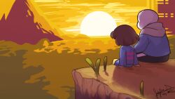  1boy 1other 2017 2d ambiguous_gender black_shorts blue_jacket blue_shorts blue_sweater brown_hair child dated deviantart_sample digital_media double_horizontal_stripe duo frisk_(undertale) grey_hood highres hood hood_down hooded_jacket horizontal-striped_clothes human humanoid image_sample in-universe_location jacket jauntyeyes long_sleeves male monster monster_boy mountain outdoors photoshop_(medium) pink_stripes sans_(undertale) scenery short_hair shorts signature single_vertical_stripe sitting skeleton sky striped_clothes striped_shorts striped_sweater sun sunset sweater teeth two-tone_sweater undead undertale utdr_(toby_fox) vertical-striped_clothes vertical-striped_shorts white_stripes 