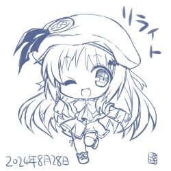  1girl :d ;d alternate_costume bat_hair_ornament beret boots bow bowtie capelet chibi chibi_only commentary_request company_connection dated dress eyes_visible_through_hair fang footwear_bow full_body hair_between_eyes hair_ornament happy hat hat_ribbon highres ikeda_jun_(aquaqua) kanon kanon_school_uniform key_(company) little_busters! long_hair long_sleeves looking_at_viewer monochrome noumi_kudryavka one_eye_closed open_mouth pleated_dress ribbon school_uniform short_dress sidelocks sketch smile solo standing standing_on_one_leg tareme thigh-highs translated very_long_hair zettai_ryouiki 