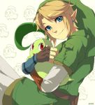  1boy blonde_hair blue_eyes chikorita crossover earrings gloves hat hug jewelry link muse_(rainforest) nintendo pointy_ears pokemon pokemon_(creature) red_eyes smile the_legend_of_zelda 