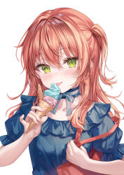  1girl absurdres bag black_dress blush bow bowtie breasts choker commentary_request dress food frilled_choker frills green_eyes grey_bow grey_bowtie grey_choker hair_between_eyes highres holding holding_food holding_ice_cream ice_cream looking_at_viewer original red_bag red_hair short_sleeves shoulder_bag solo tongue tongue_out white_background zi_yue_liuli 