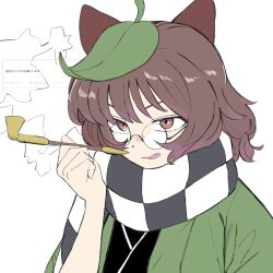 1girl animal_ears brown_eyes brown_hair commentary fan_request futatsuiwa_mamizou glasses green_kimono hand_up highres holding holding_smoking_pipe japanese_clothes kimono la_carte_et leaf leaf_on_head medium_hair plaid_clothes plaid_scarf raccoon_ears raccoon_girl request_inset round_eyewear scarf smile smoke smoke_trail smoking_pipe solo tongue tongue_out touhou two-tone_scarf upper_body 