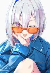  1girl :p ;p alternate_costume amane_kanata asymmetrical_hair blue_hair blue_jacket blue_nails bob_cut colored_inner_hair commentary_request double-parted_bangs film_grain grey_background grey_hair hair_between_eyes hair_over_one_eye highres hololive jacket knee_up leather leather_jacket looking_at_viewer multicolored_hair nail_polish one_eye_closed orange-tinted_eyewear pink_streaks shiny_clothes short_hair simple_background single_hair_intake solo streaked_hair sui._(suikun) sunglasses tinted_eyewear tongue tongue_out upper_body violet_eyes virtual_youtuber 